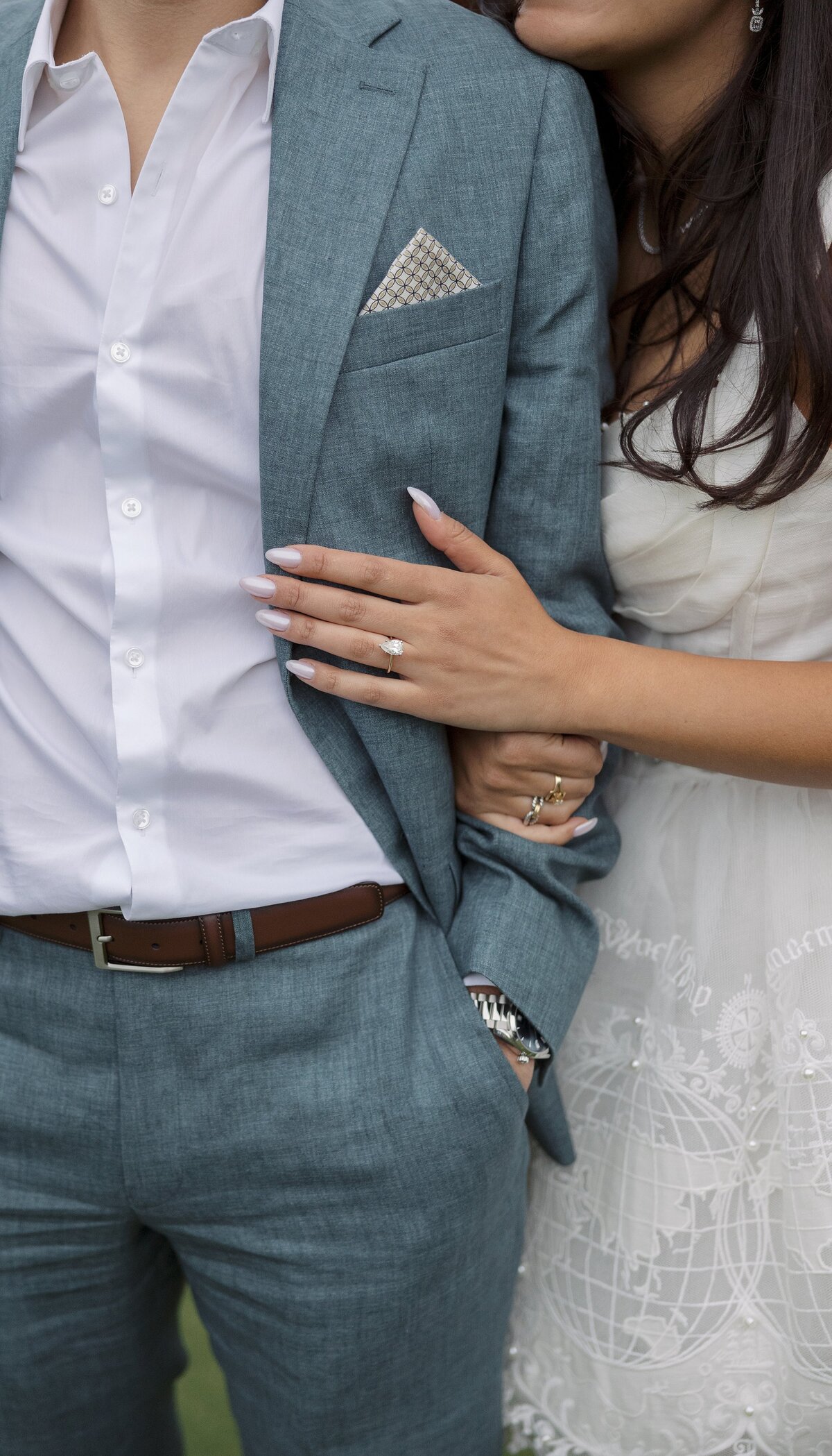 Close up a Bride's hand and engagement ring at Tennis Hall of Fame Welcome Party.