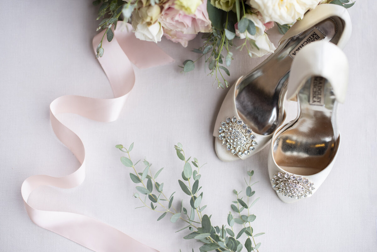 Brides shoes and flowers Asheville, NC wedding Engadine Inn