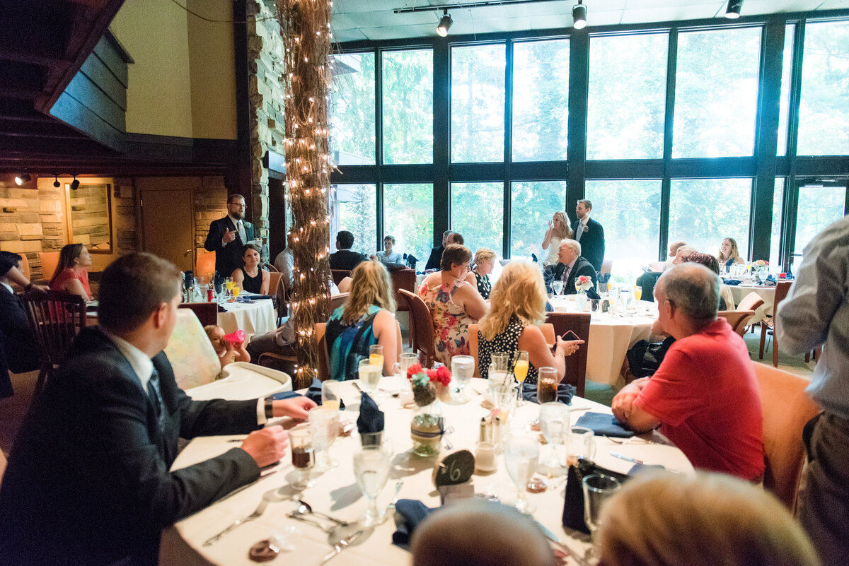 wedding reception dinner in the round room at the Hyeholde with lots of guests and speeches