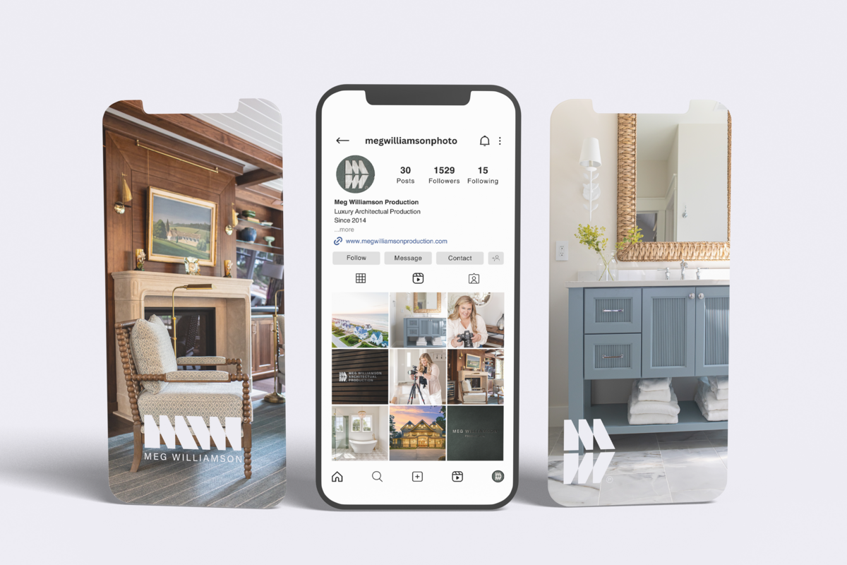 A close-up shot of an iPhone showcasing Meg Williamson’s photography portfolio and her Instagram account. The image highlights her stunning architectural production work, giving a glimpse into her creative projects and social media presence.