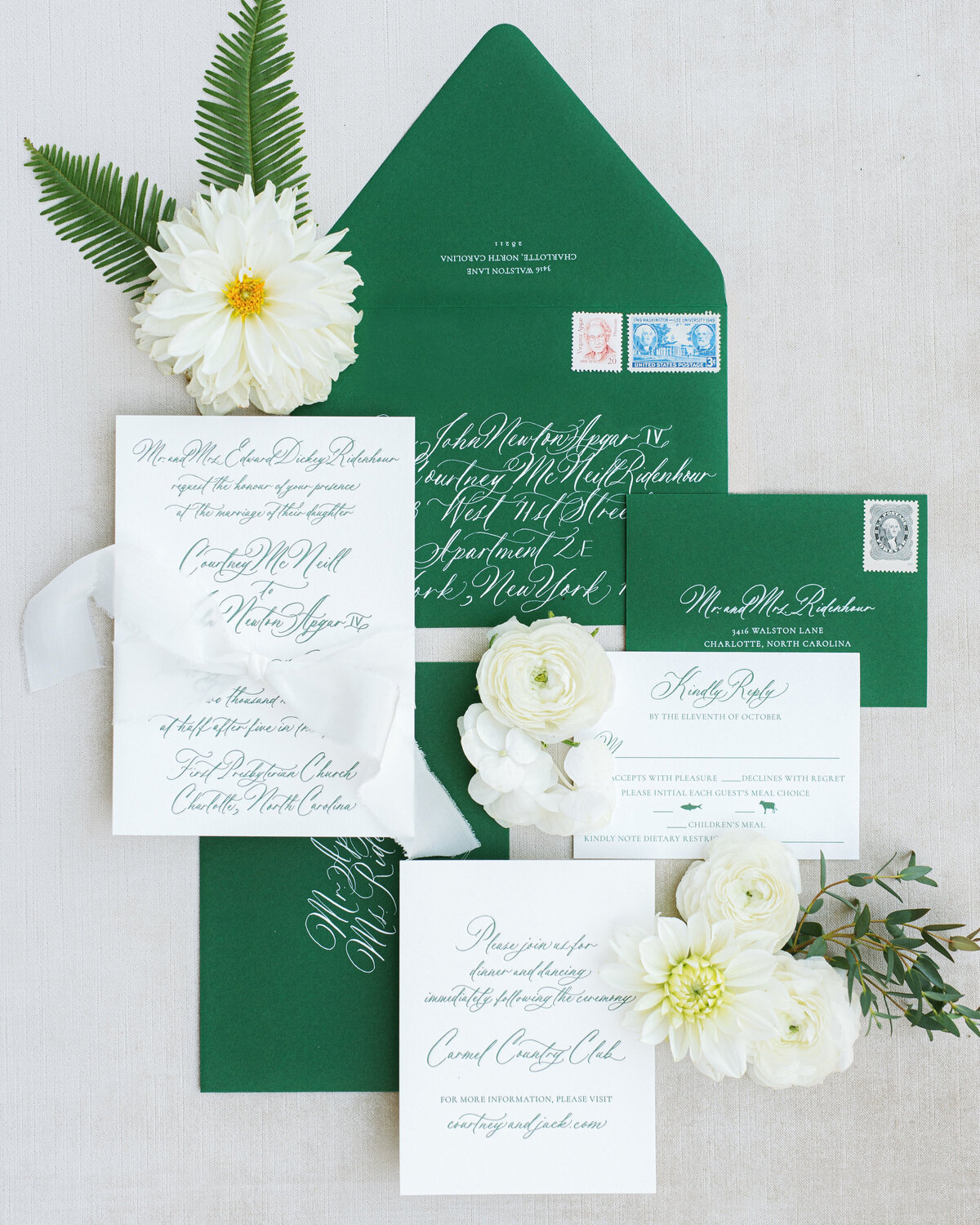 Bespoke green and white charlotte wedding invitations