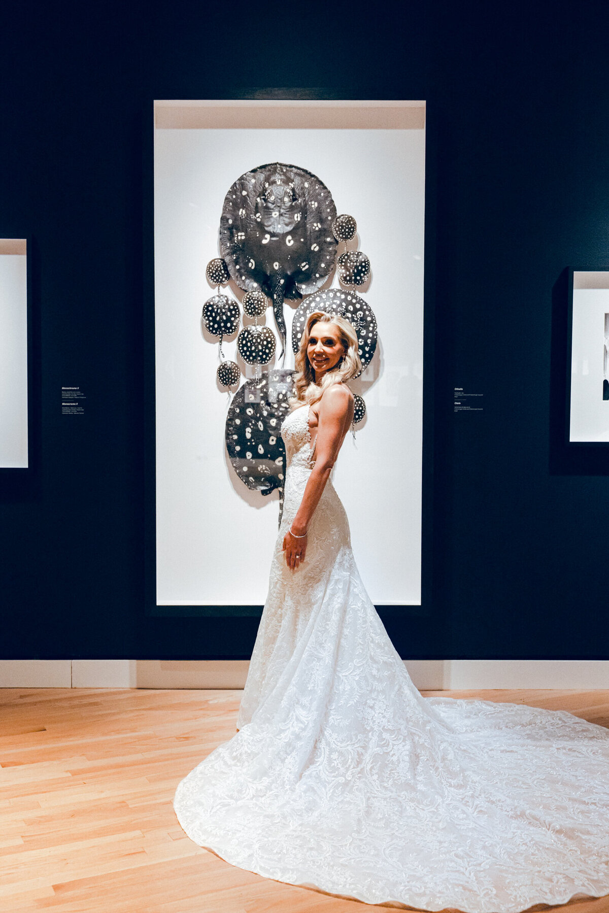 A wedding photo portrait of the bride in Crystal Bridges Museum of American Art in Betonville, Arkansas
