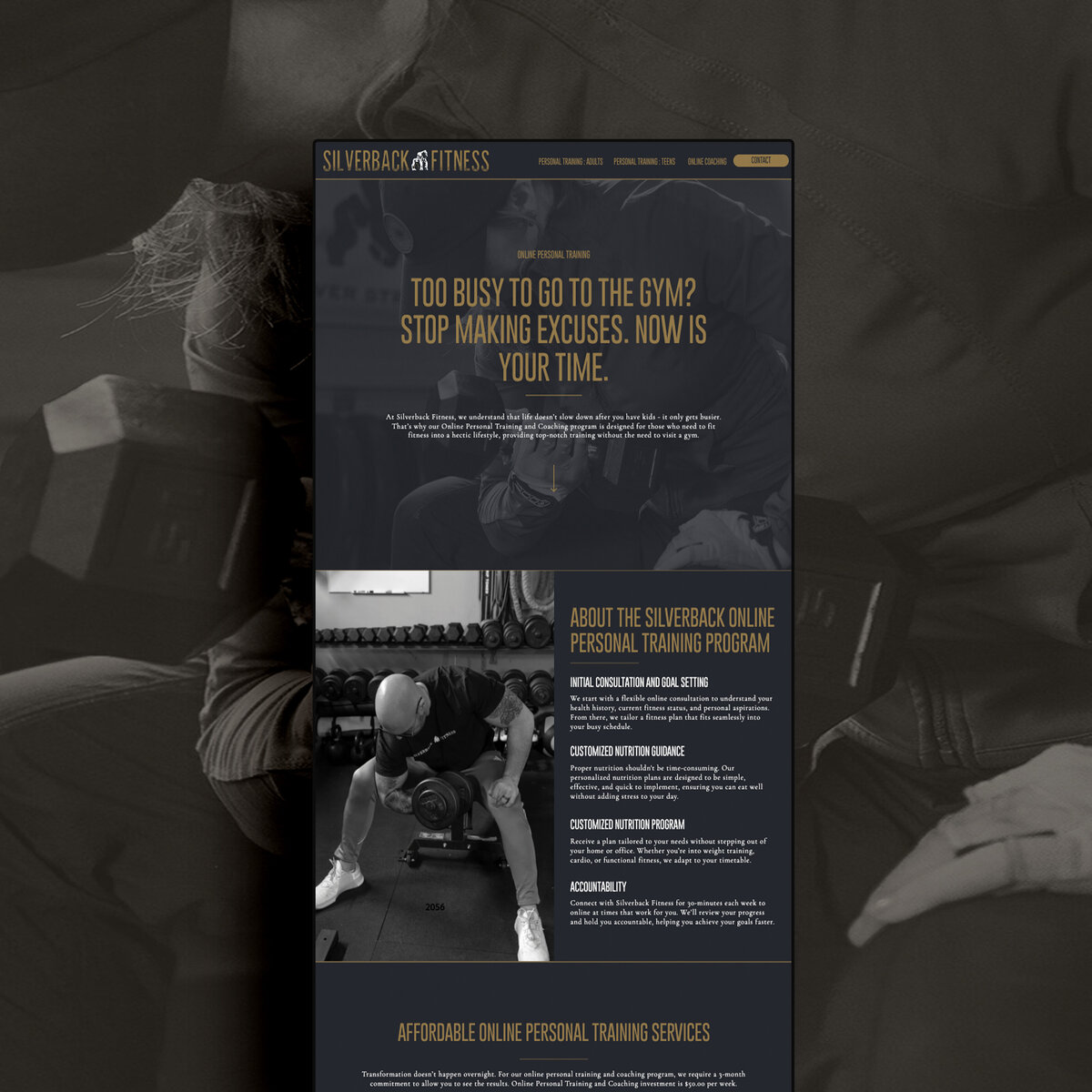 Image features a mockup of Silverback fitness's homepage, a Sarnia, Ontario-based personal trainer. Website designed by Marque Creative Studio, Showit website designer.