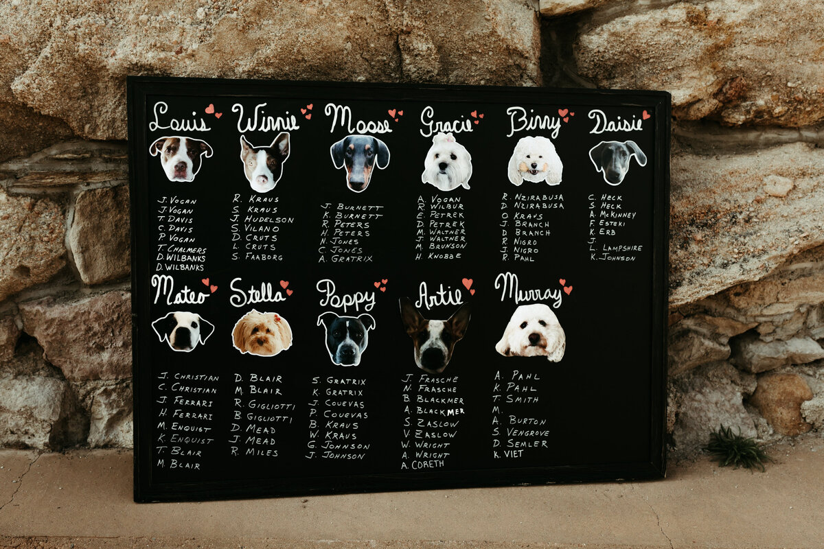 Wedding Day seating chart with all tables named after dogs.