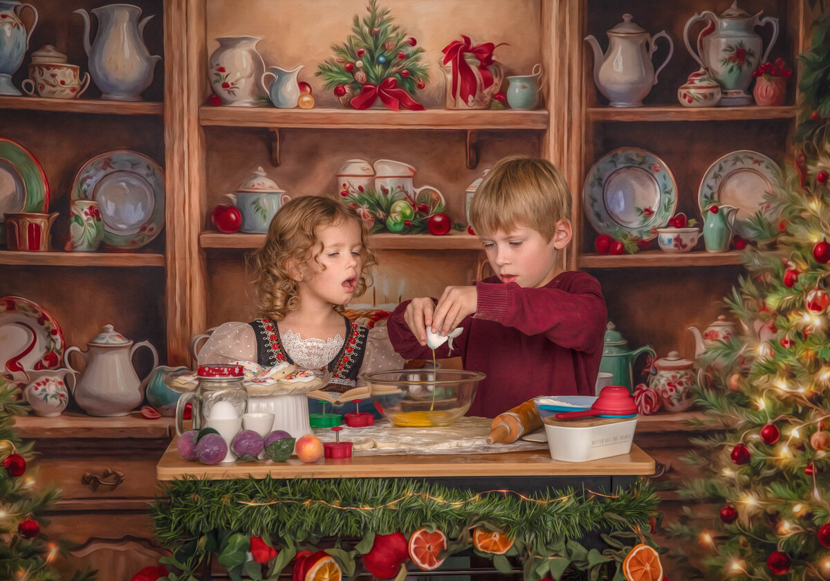 Brother and sister baking cookies during a cozy Christmas-themed photography session – Ottawa holiday portraits by Sonia Gourlie

