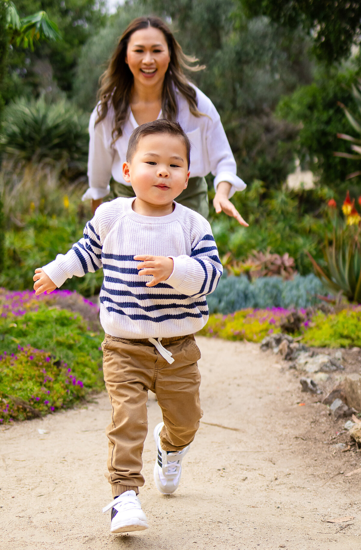 Mom and her toddler son during a playful family photo session  – Ellobelle Photography, lifestyle family photographer on the San Francisco Peninsula Stanford cactus garden Arizona Garden palo Alto