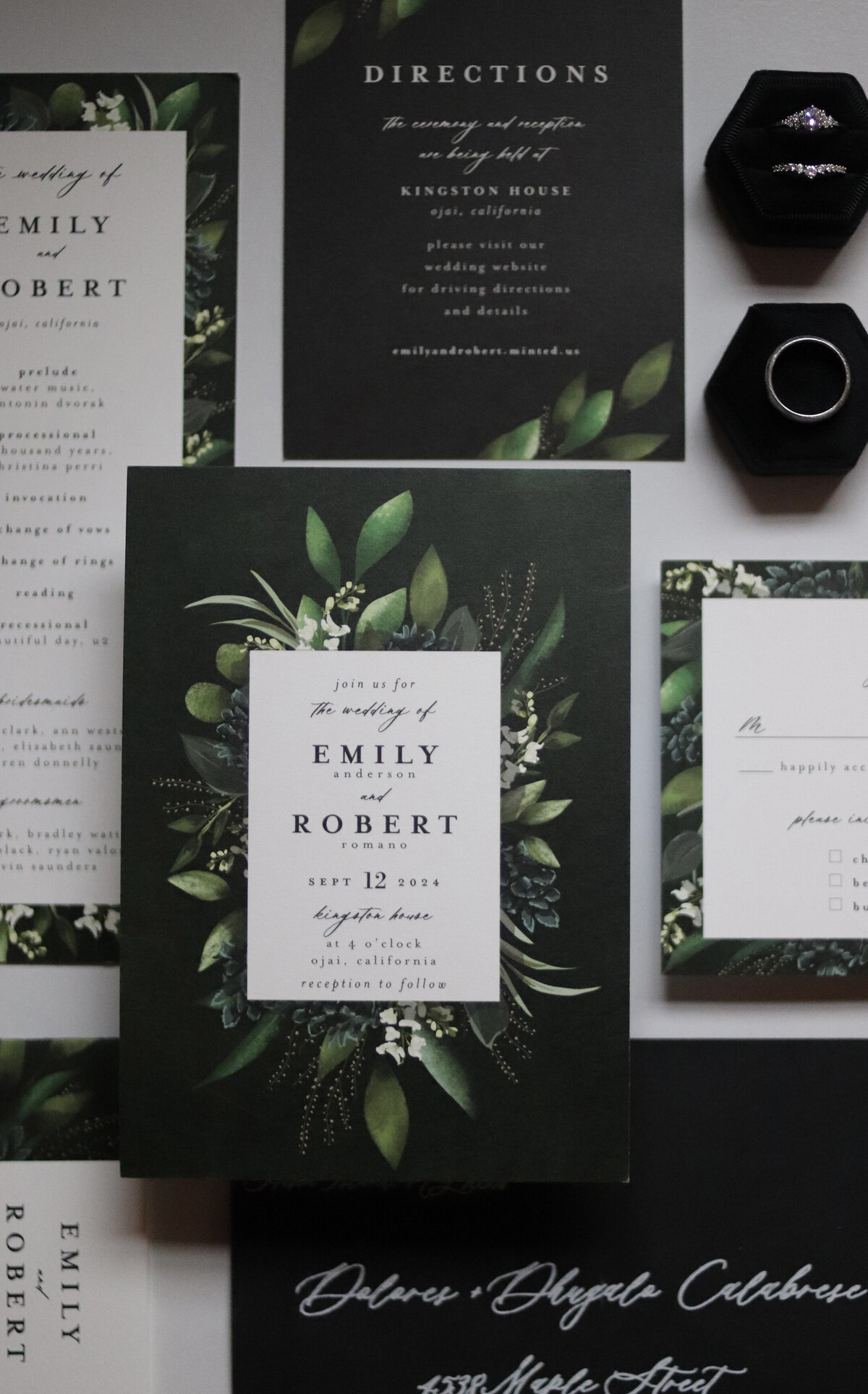 Idyllwild Event Design Black and Green Hudson Valley Wedding Flatlay