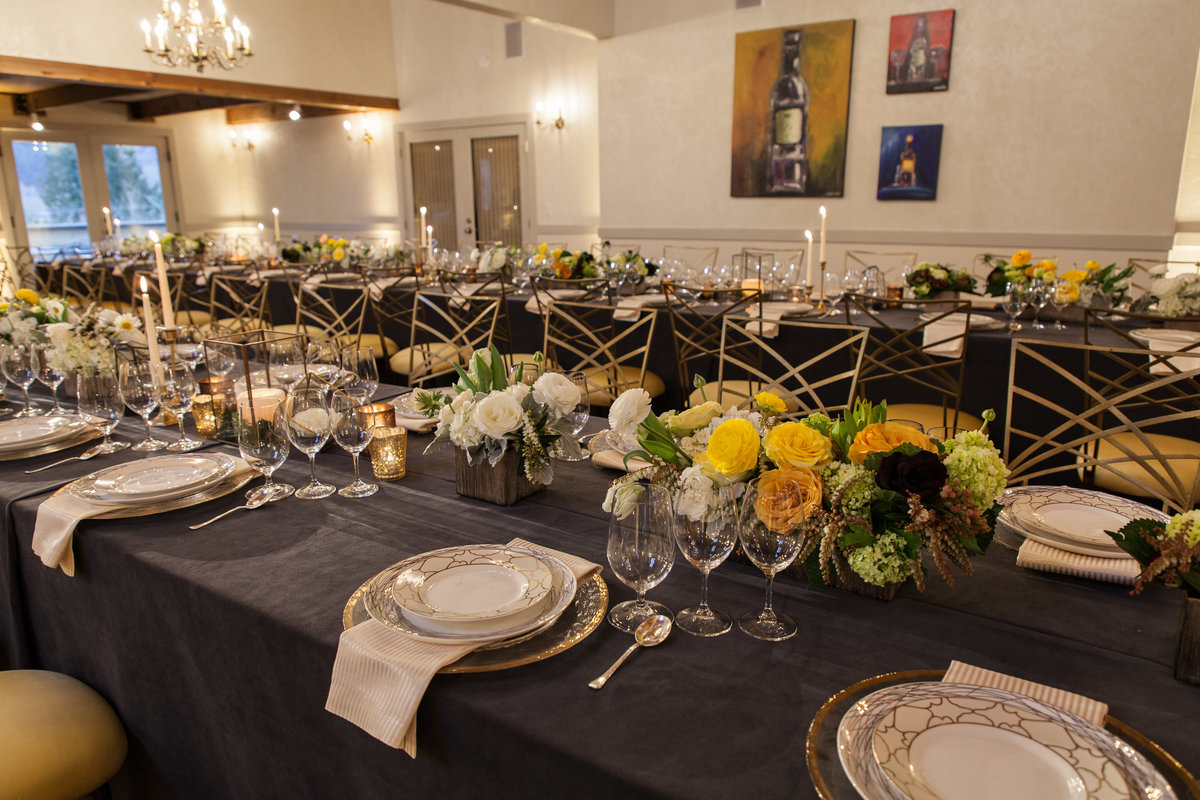 elegant company party with long dinner tables at Chateau Lill