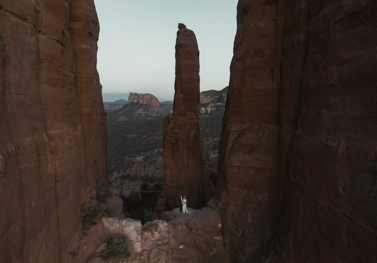 Drone shot of Cathedral Rock elopement couple Sedona taken by Kollar Photography
