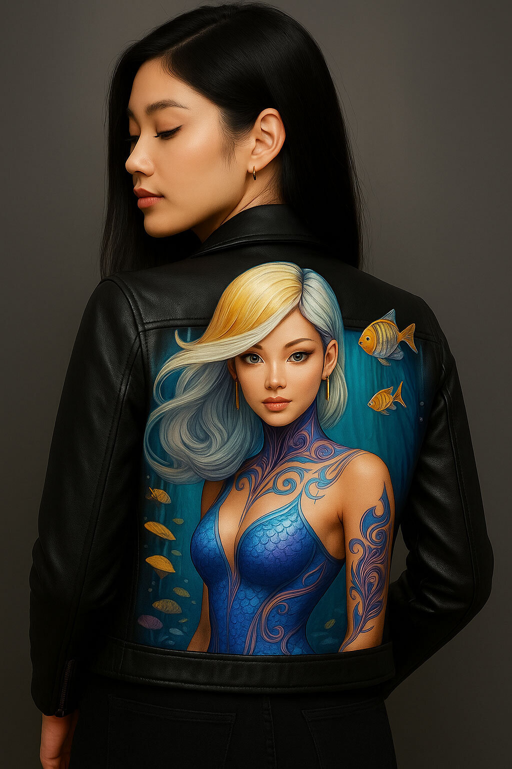 A branded photography shot of custom painted leather jacket with a mermaid theme