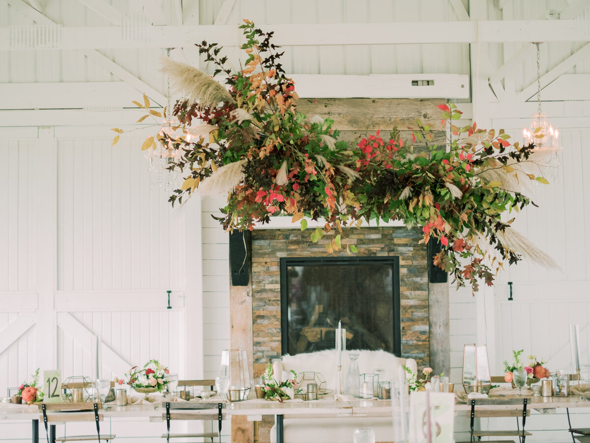 colorful hanging flowers, hanging flower installation, studio fleurette, legacy hill farm wedding