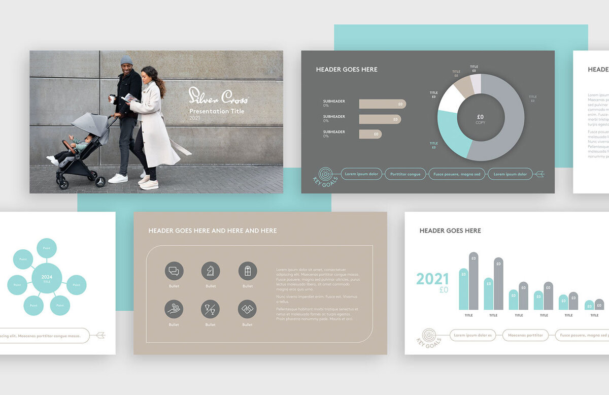 portfolio example for silvercross using their brand colors showcasing 5 varying layouts using icons and pie charts