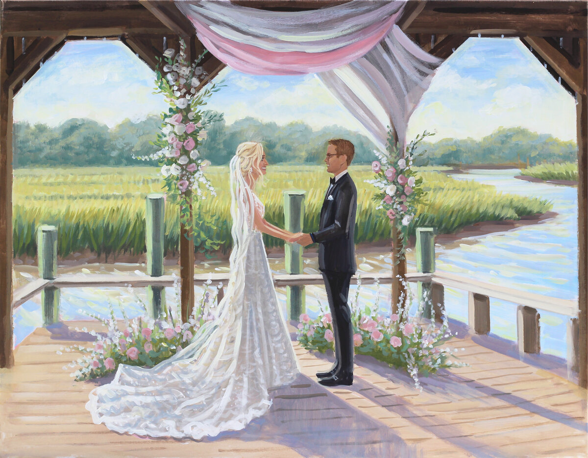 Wedding ceremony overlooking marsh captured by live wedding painter, Ben Keys, at Charleston's Boone Hall Plantation