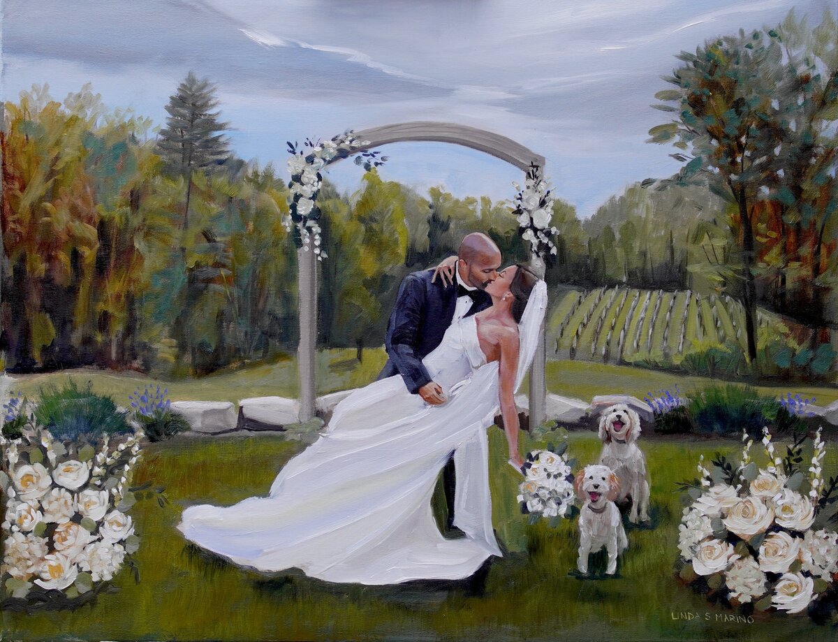 live wedding painting of bride and groom first kiss, La Belle Winery, NH