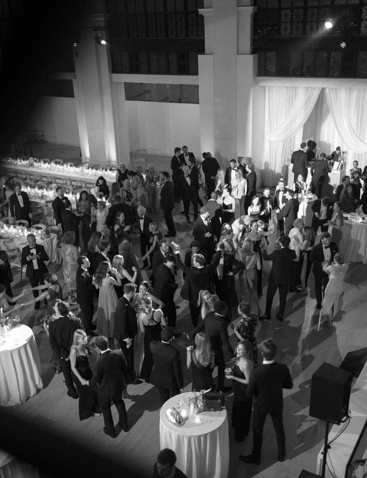 epic wide photo from above of a dance floor full of guests for a Detroit State Savings Bank wedding