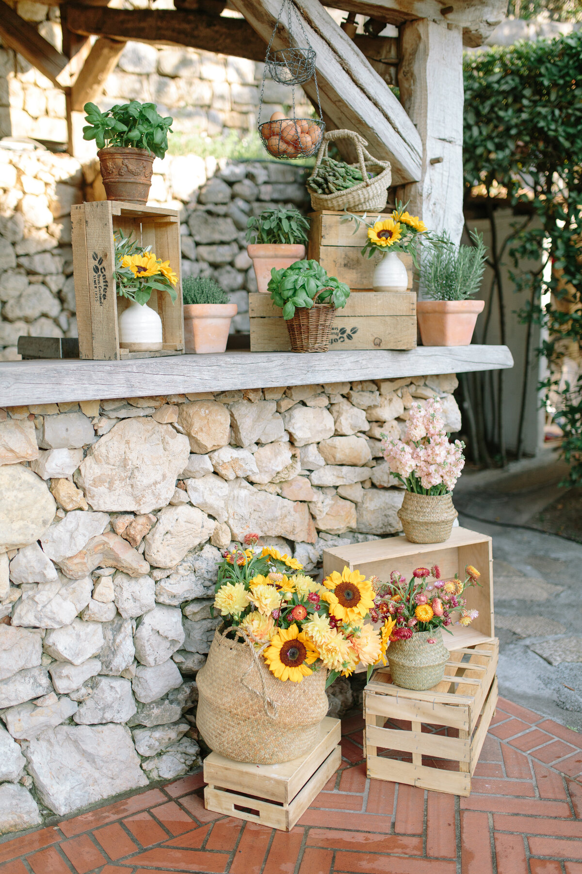 Rustic-themed reception, sunflowers and wood