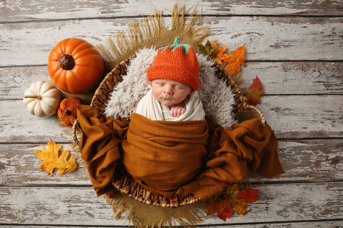 Profession baby portrait of a sleeping newborn laying in a basket with fall colors, leaves, pumpkins, and orange beanie