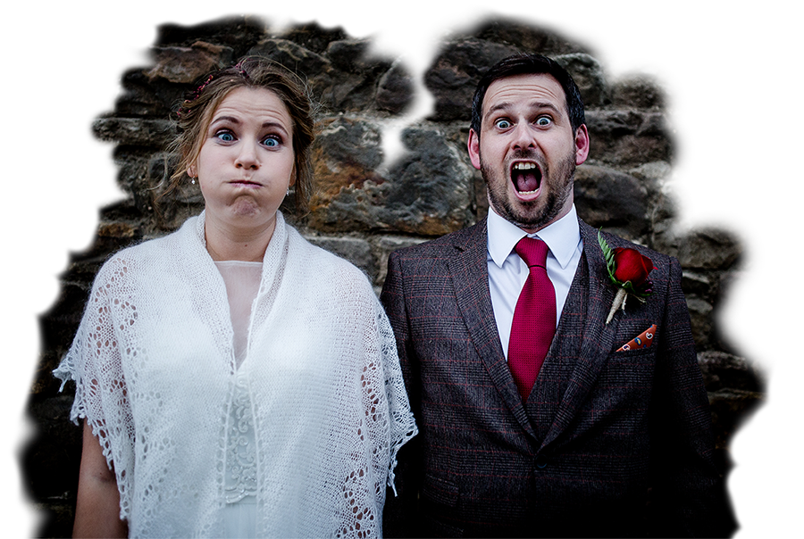 cut out photograph like collage of a bride and groom pullung faces towards the camera in front of a stone wall