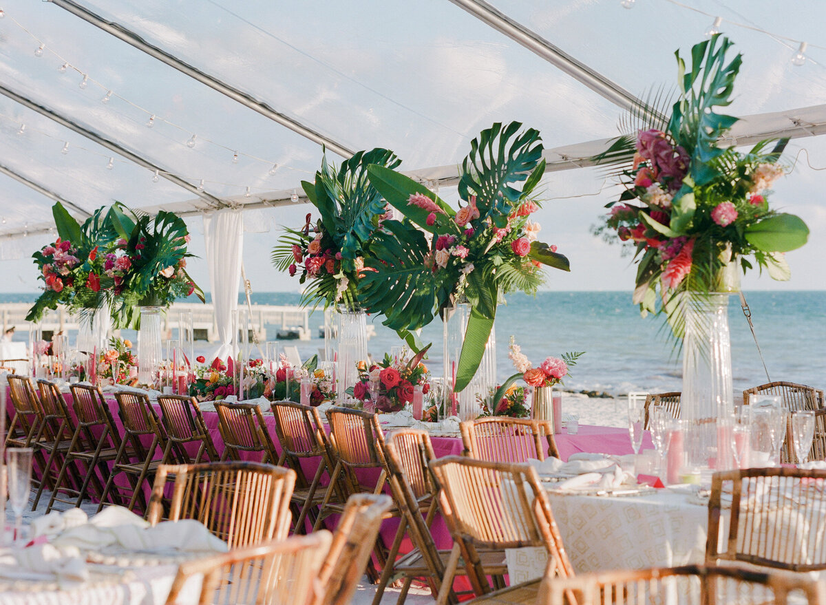 Kate-Murtaugh-Events-destination-wedding-planner-monstera-leaf-design-centerpiece-florals-Key-West-beach-wedding