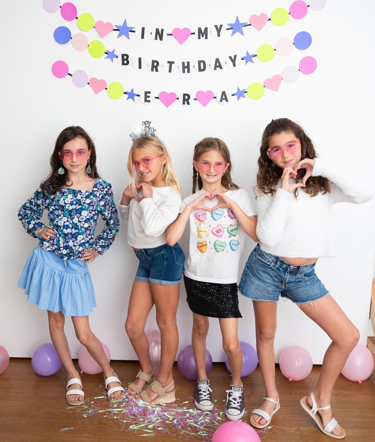 4 girls in white and denim, birthday tiara and taylor swift theme party