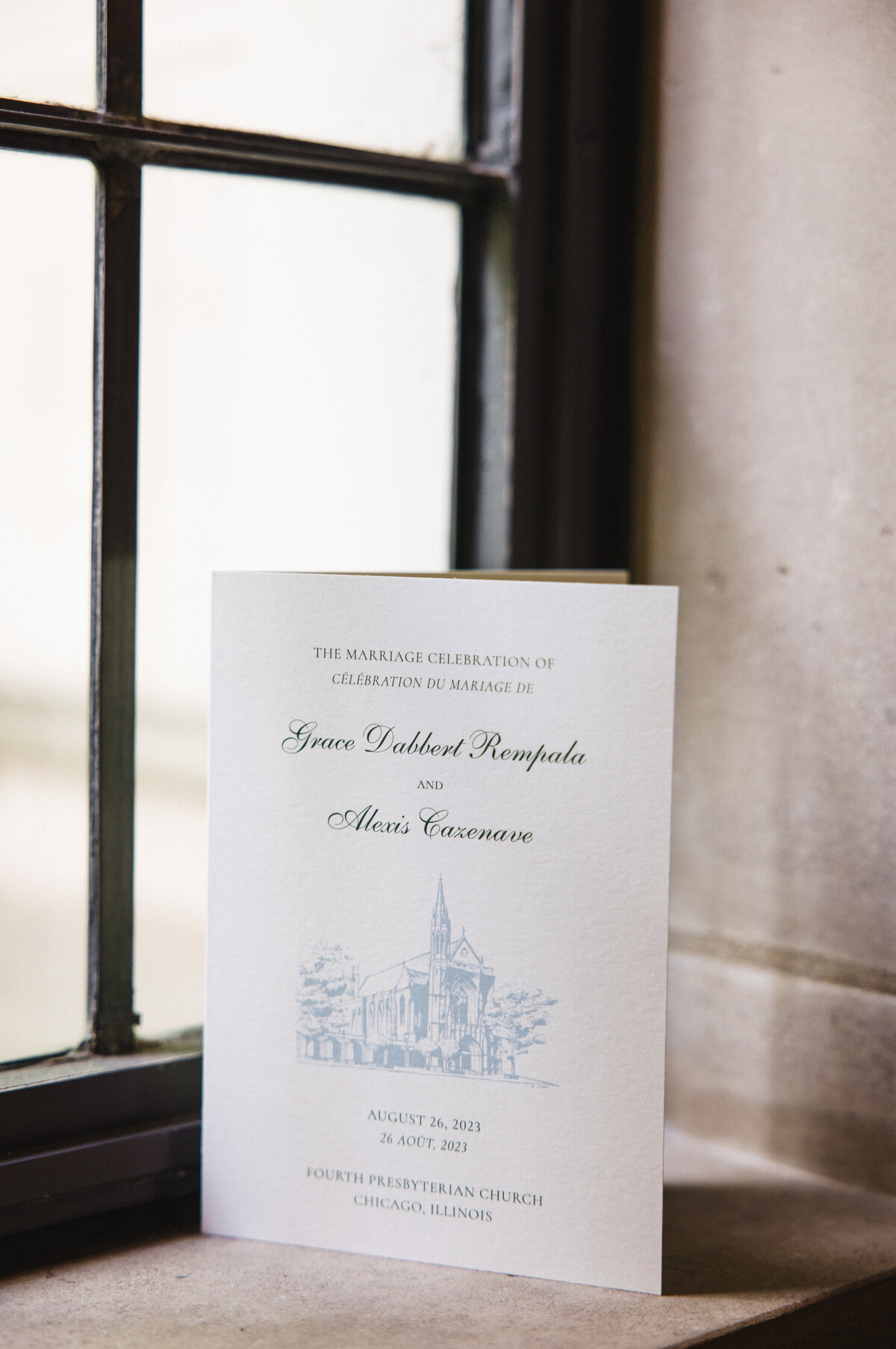 Blue and White Wedding Ceremony Program Fourth Presbyterian Church
