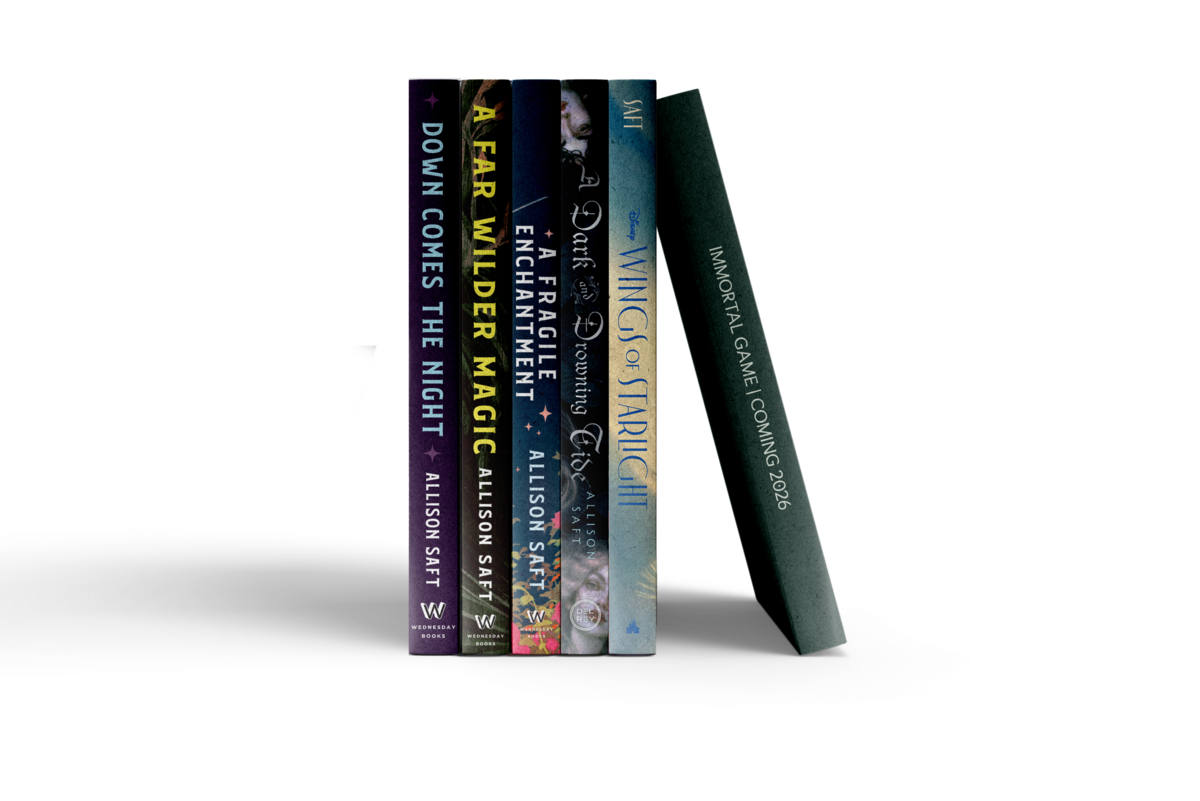 Image of book spines featuring all of Allison Saft's novels