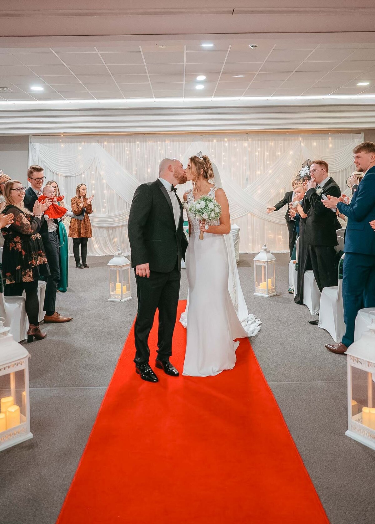 Bride and groom walking exit during ceremony in Cheshire.