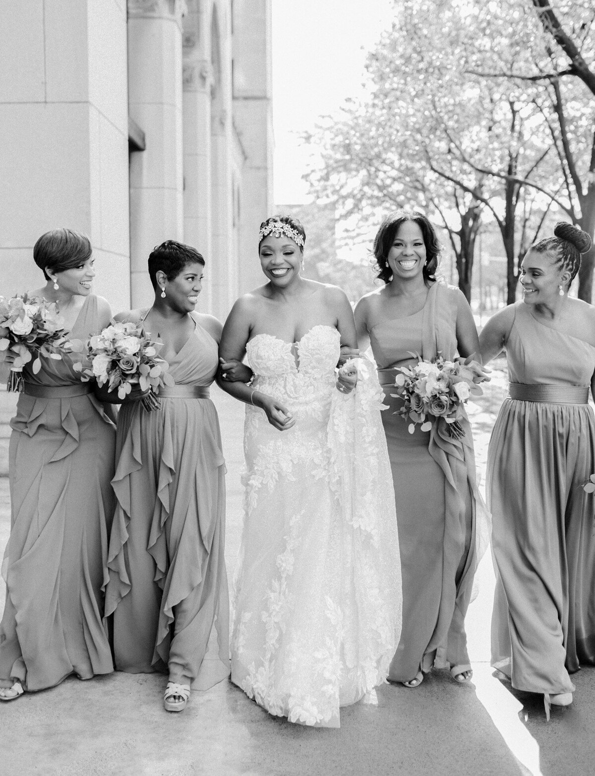 natural bridesmaids photo with bride, strapless lace wedding dress, Detroit, Michigan wedding