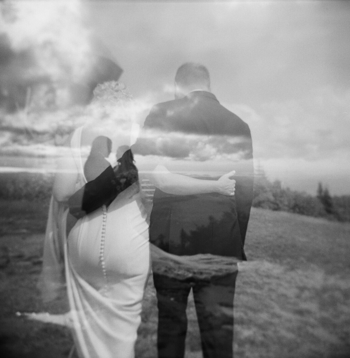a film double exposure image of two wedding couples