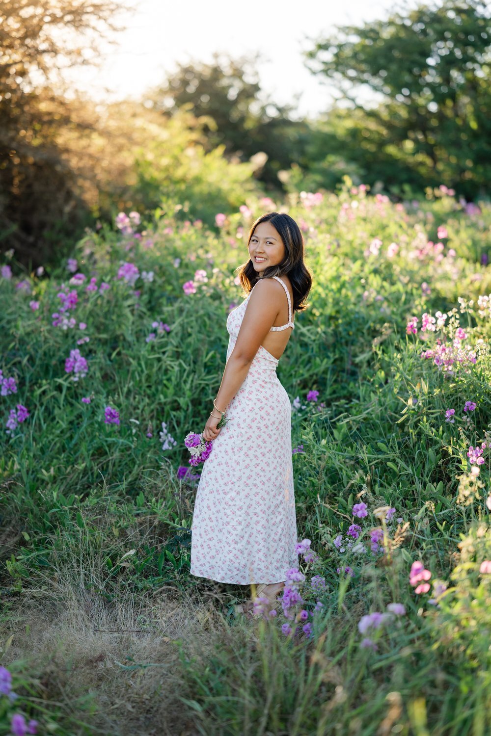 sweet pea fields at discovery park senior girl posing in long dress