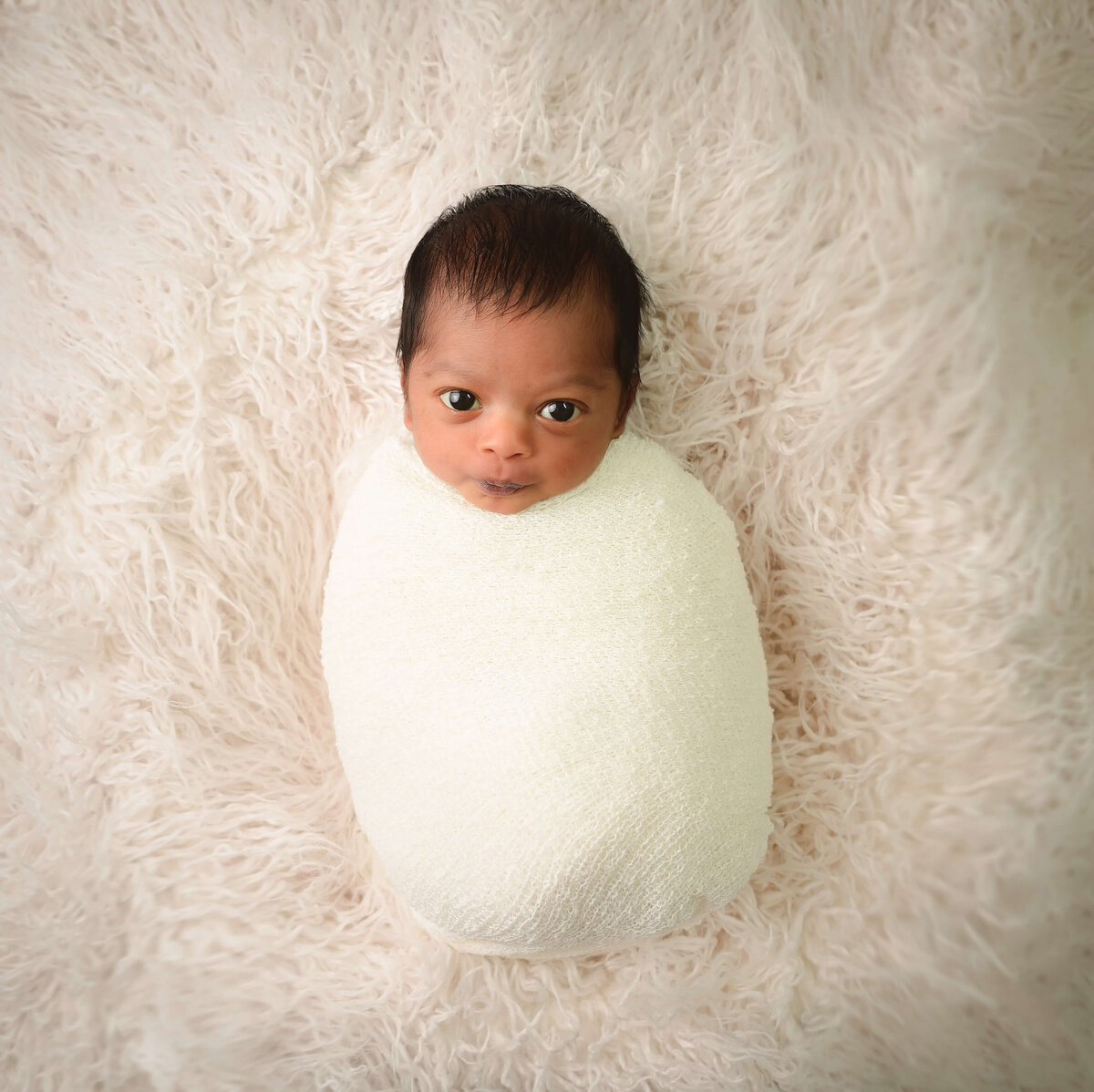 Kitsap Peninsula  in home newborn photo session with E. Benecki Photography of baby awake and looking at camera.