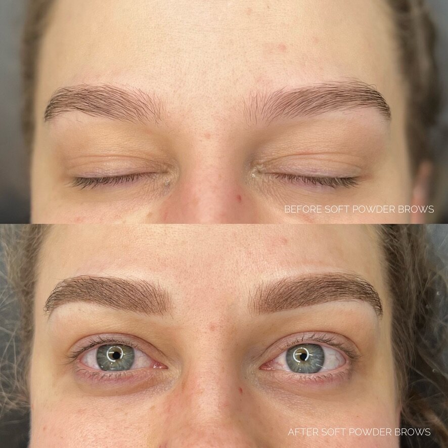 Before and after comparison of powder brow service by K. NIcole Beauty.