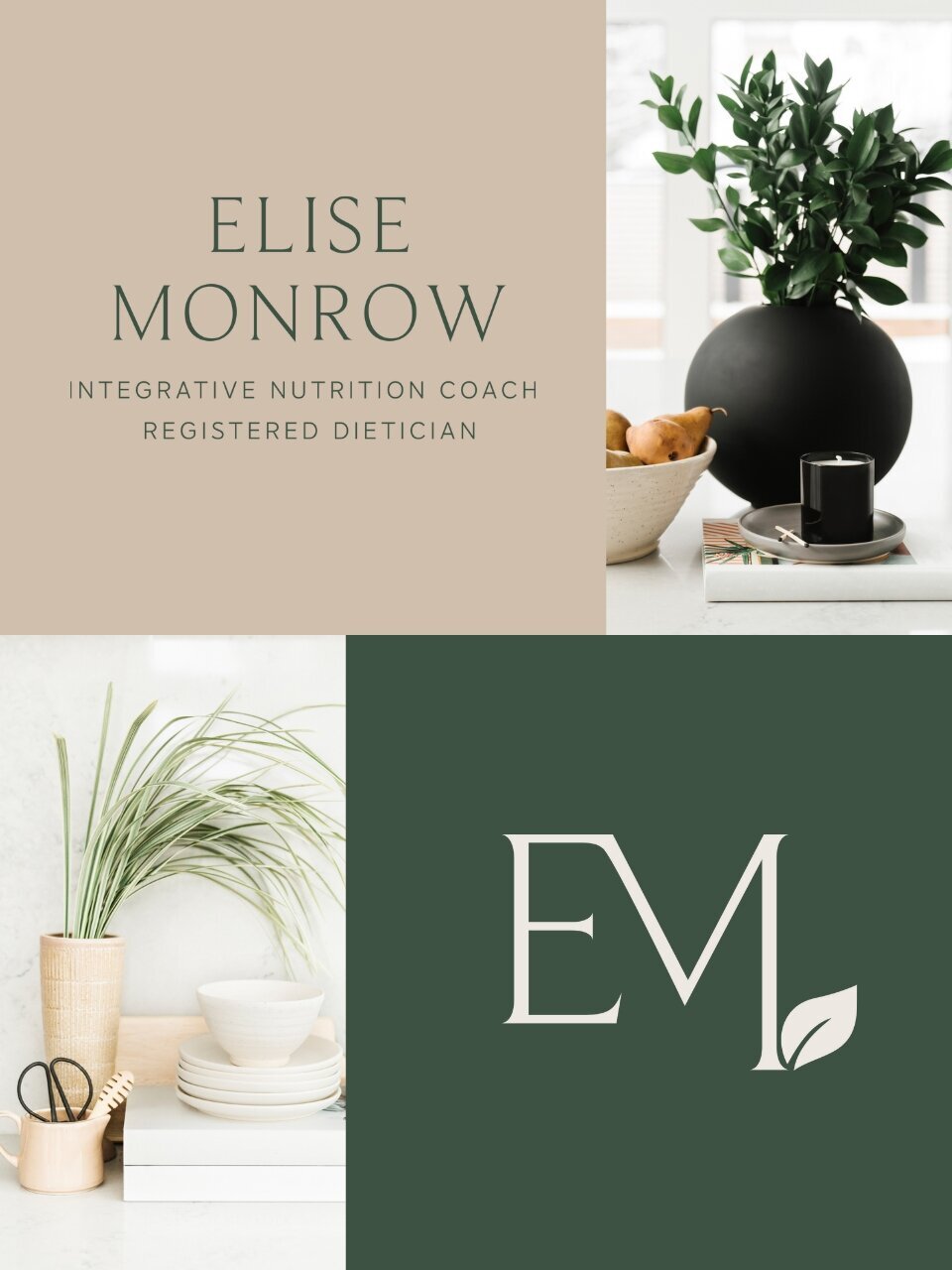 Visual presentation of Elise Monrow’s brand identity with neutral lifestyle imagery, showcasing organic textures, modern kitchen styling, and the brand’s calming green and taupe color story.