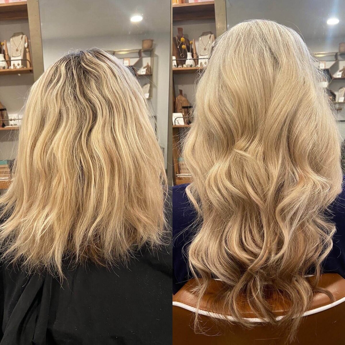 Hair extensions before and after showing mid length hair with increased volume and length.
