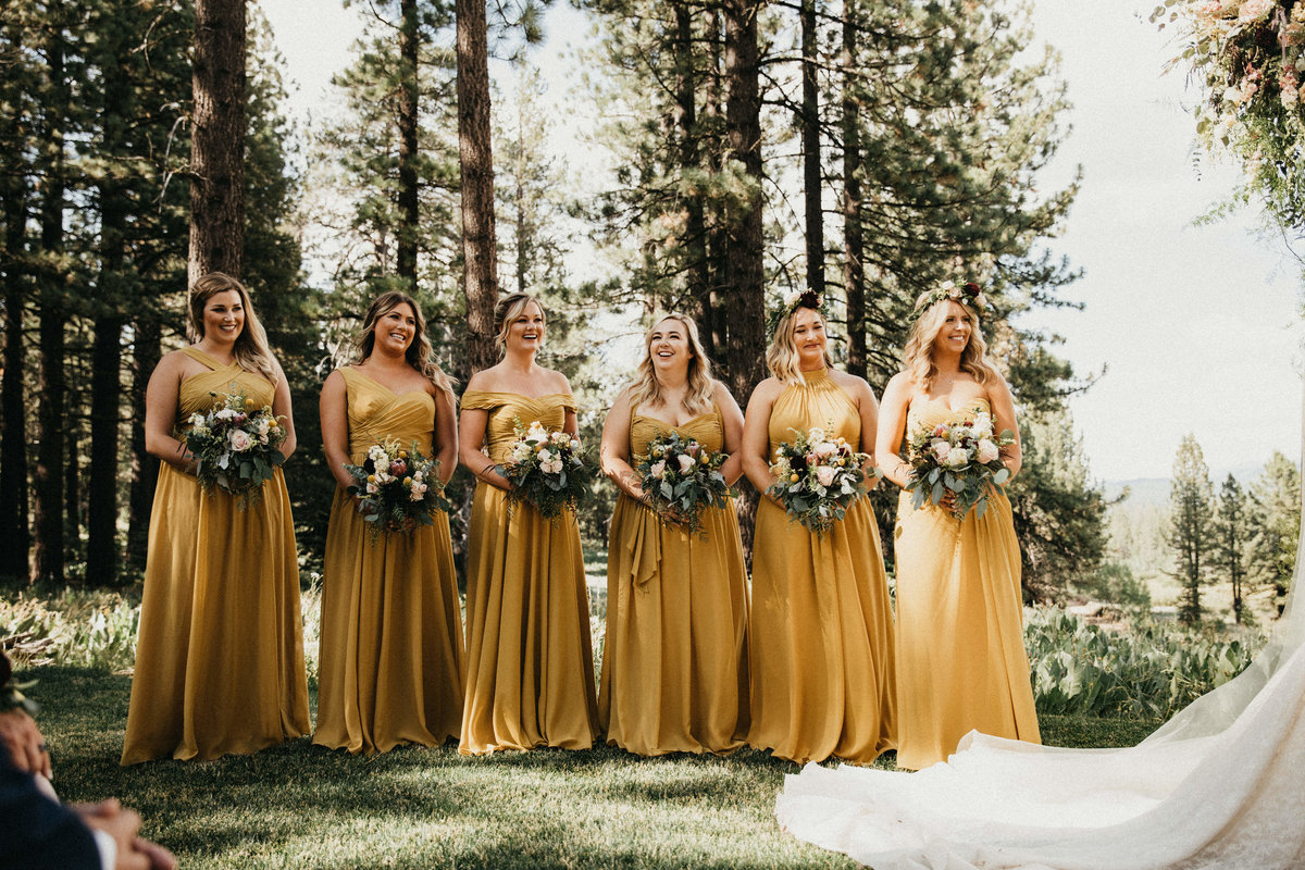 Tahoe Wedding Planners maids wearing mustard dresses at summer wedding venue Mitchell's Mountain Meadows Sierraville near Truckee, Joy of Life Events image by Lukas Koryn