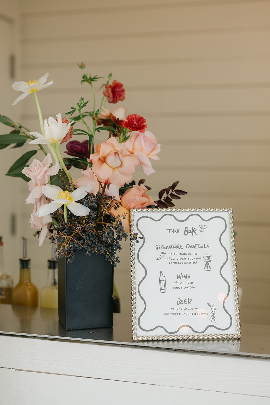 Modern and minimalist black and white bar Italian inspired menu with funky illustrations by Dear Margo Designs for the 2025 Winter Prospect House Sip and See 