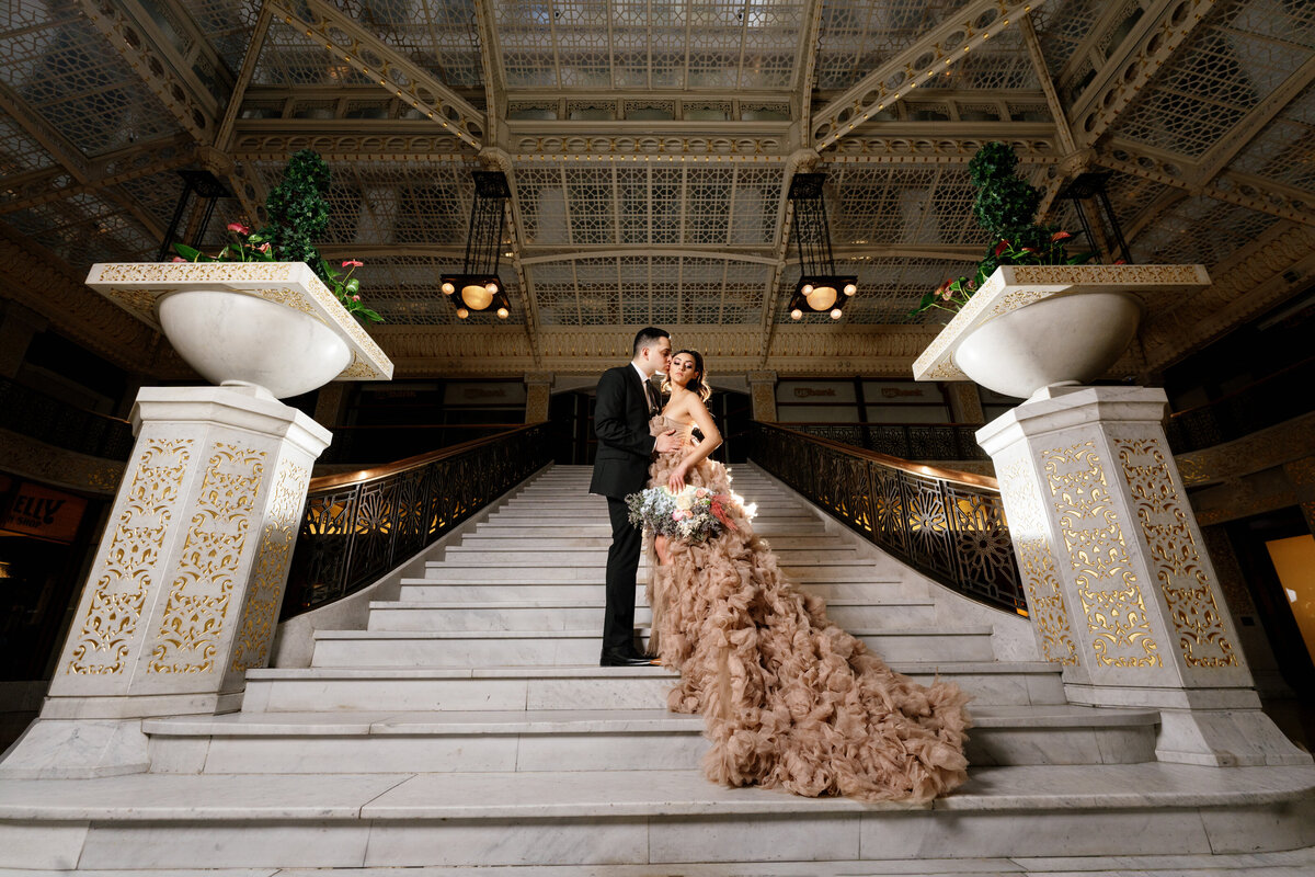 Aspen-Avenue-Chicago-Wedding-Photographer-Rookery-Engagement-Session-Histoircal-Stairs-Moody-Dramatic-Magazine-Unique-Gown-Stemming-From-Love-Emily-Rae-Bridal-Hair-FAV-47