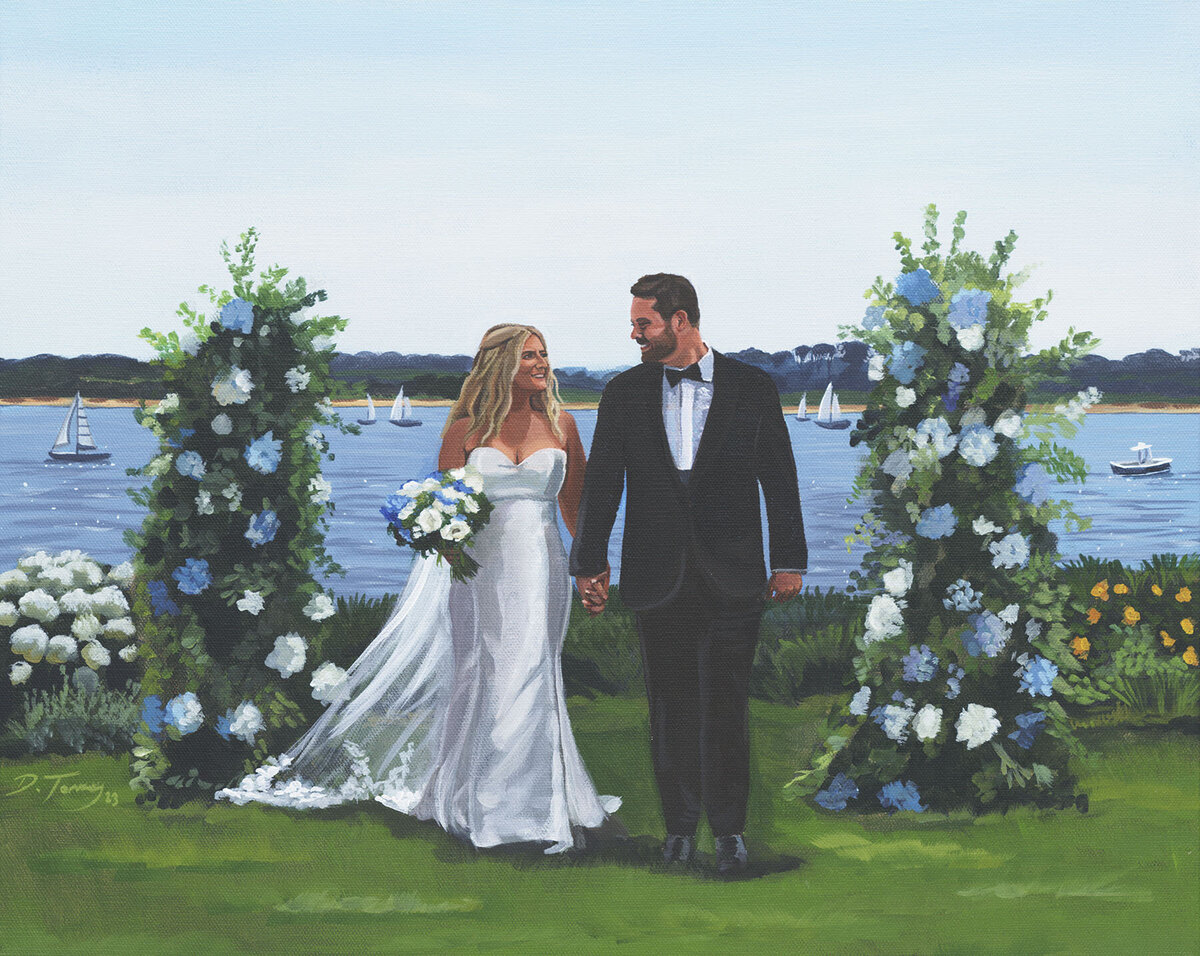 Bride and groom near water