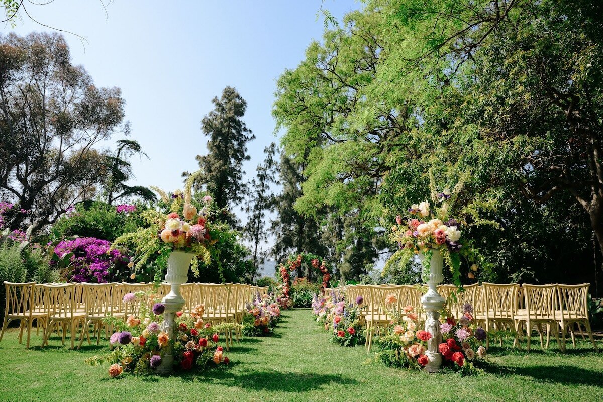 Paramour Estate Wedding Ceremony on Lower Lawn, Whimsical Enchanted Garden Flowers on pedestals
