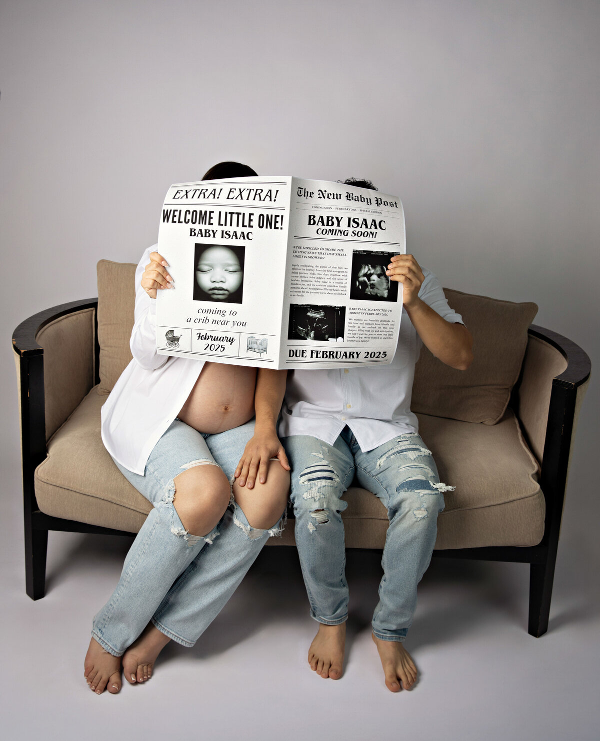 exicing loving image expecting mom in modern jeans in maternity photography session 