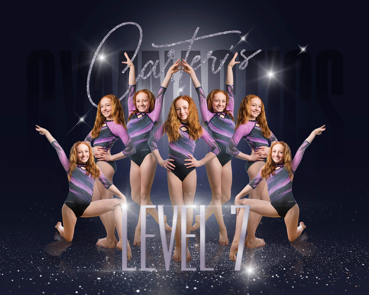 Example of a gymnastics team composite image on a deep violet backdrop
