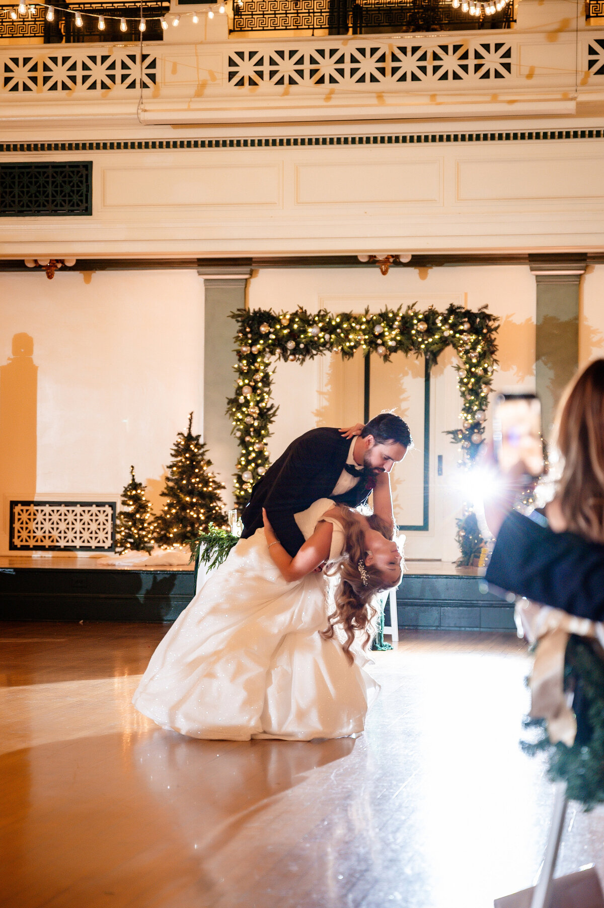 bride and groom first dance at soldiers and sailors memorial hall wedding reception
