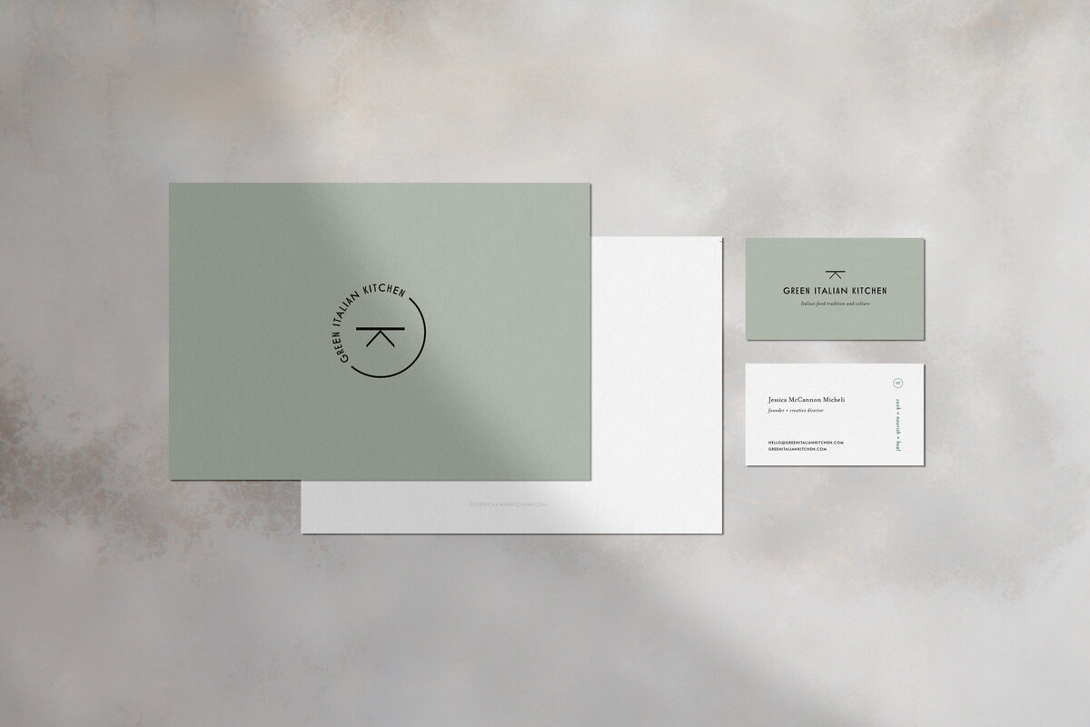 GITK Custom brand stationery design, note card and business card, sage green and white.
