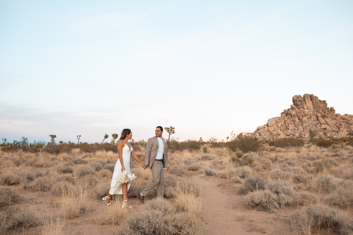 Bride and groom holding hands walking in Joshua Tree National Park