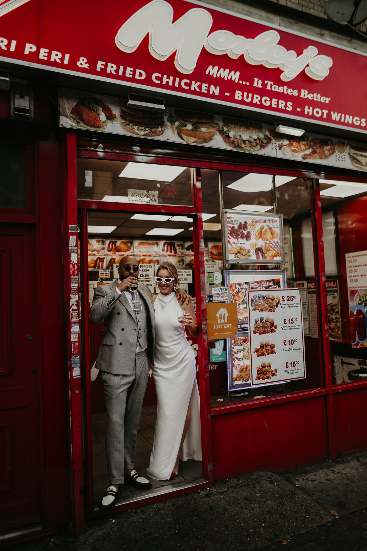 A bride and groom get Chicken on their wedding day.