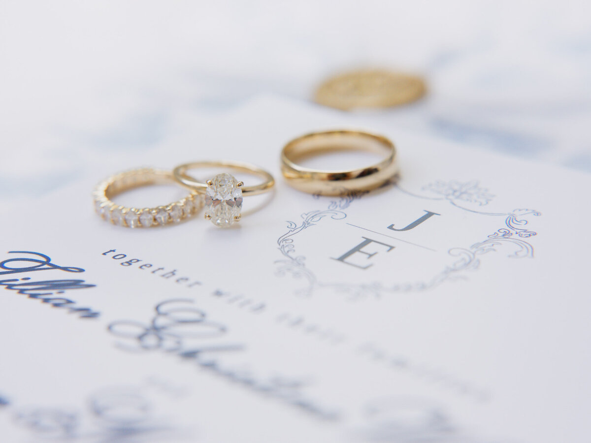 Bride and groom's wedding bands photographed on their custom invitation