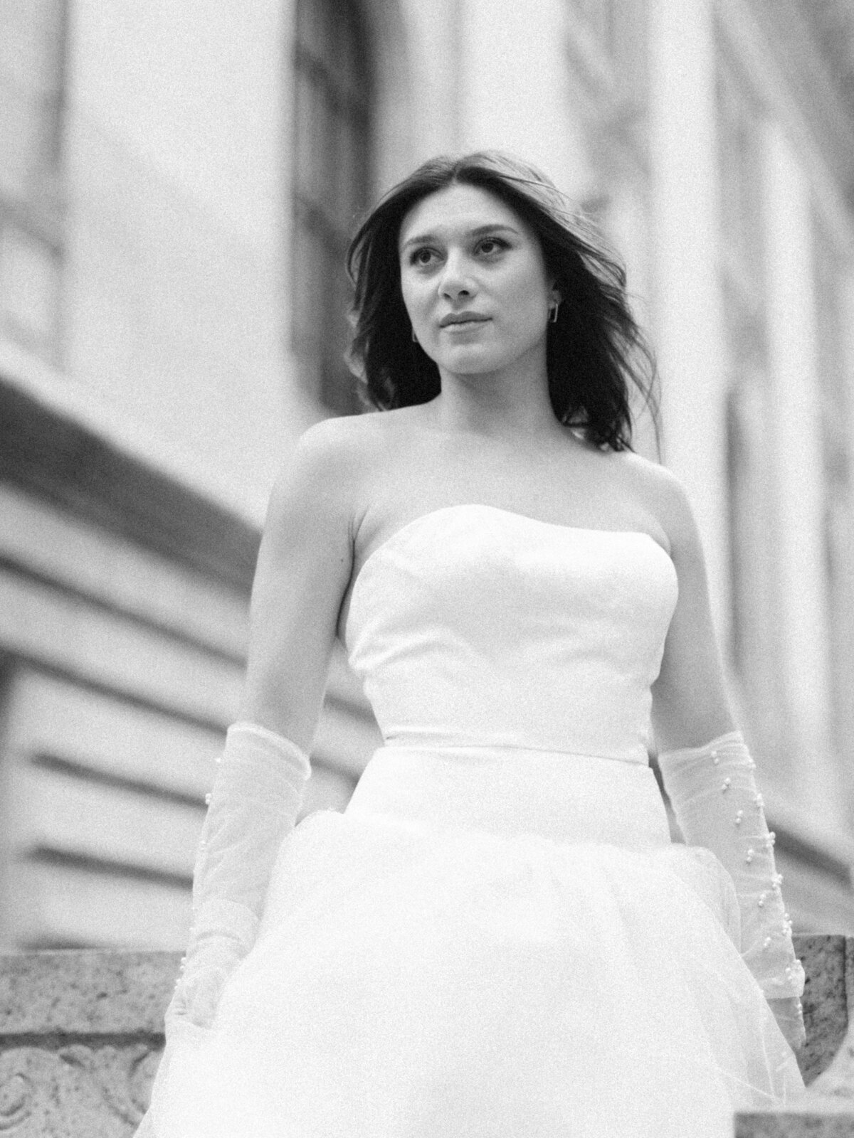 black and white photo of bride
