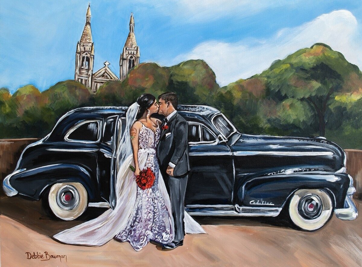 Bride and groom live wedding painting outside Sioux Falls convention center