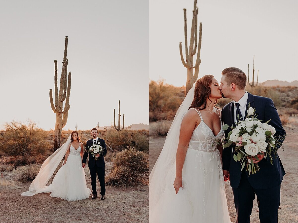wedding photo of bride and groom kissing in the desert at sunset