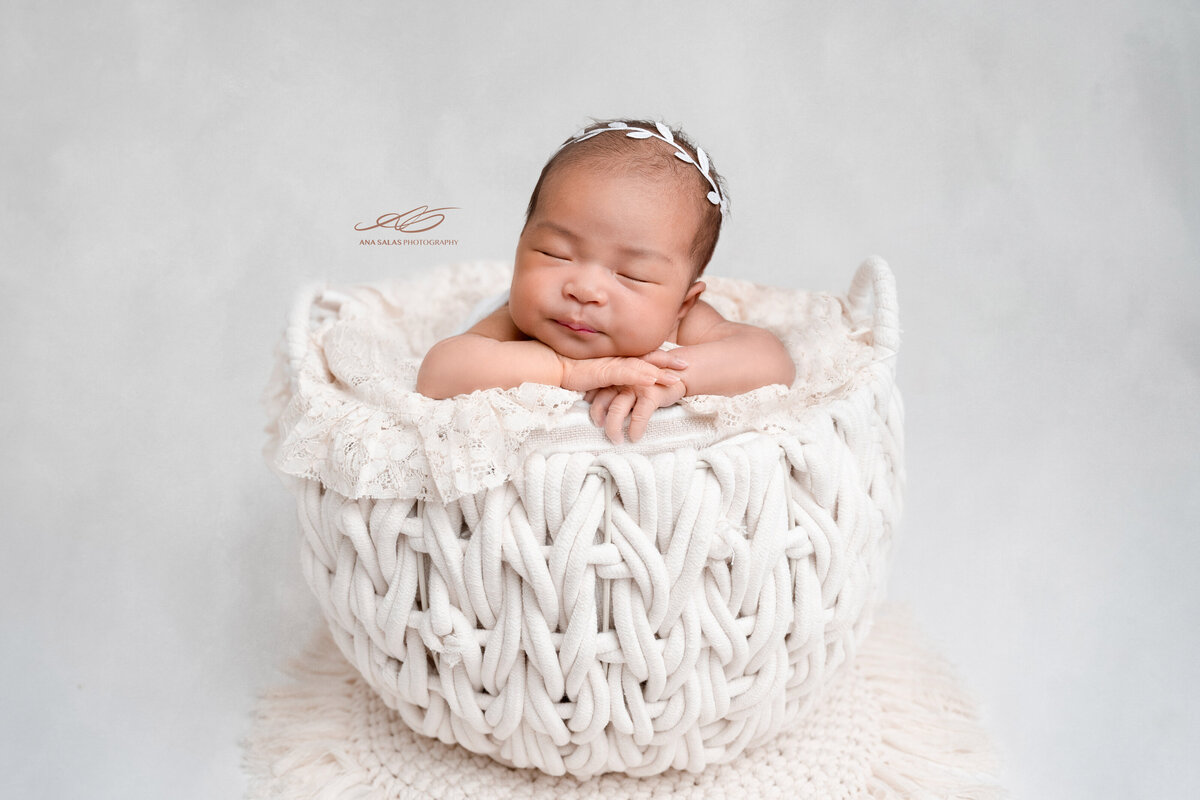 Edmonton Newborn Photography white crocheted hand woven basket